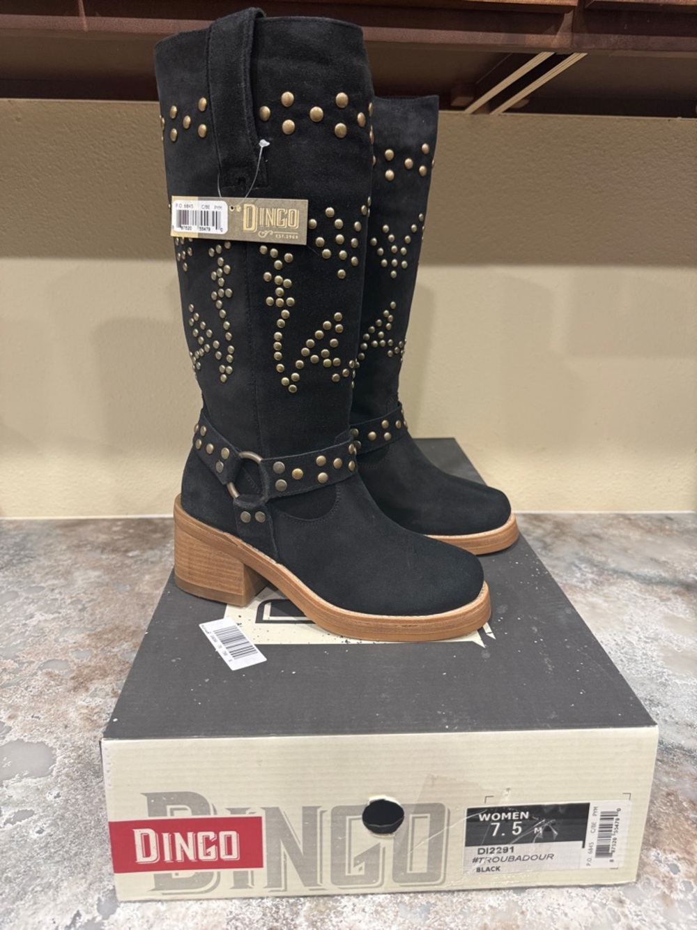 dingo Black Suede Studded Western Knee Boots - Picture 1 of 3